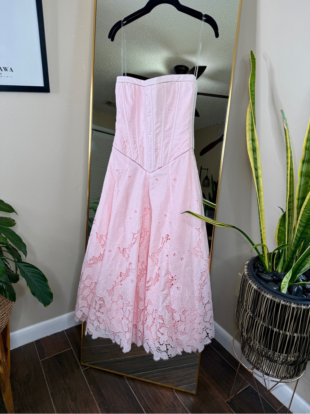 House of CB BELISSA Pink Strapless Custom Lace + Broderie Anglaise Midi Dress - Picture 8 of 11